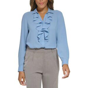 Elegant Calvin Klein Women's Blue Ruffle-Trim Collared Blouse - Size L - NEW!